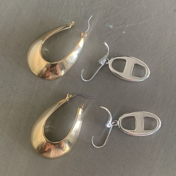 Gold Crescent hoops and Silver Tab Earrings - 2 PAIRS, Unmarked - Picture 2 of 6